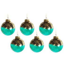 Translucent Teal Green Blue With Gold Glitter Christmas Tree Baubles (Set of 6)