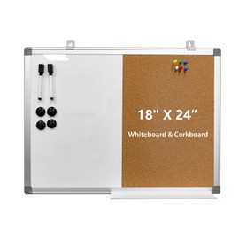 Combination Writeboard 24"x 18" Magnetic Whiteboard & Cork Board Aluminium Frame Dry Erase Board Bulletin Board Wall Mounted Memo Message