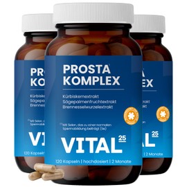 Prosta Komplex Kapseln im Braunglas - hochdosiert mit Sägepalmenextrakt, Brennnessel, Kürbiskern, OPC, Lycopin, Vitamin E, Zink, Selen - laborgeprüft und vegan - 270 Kapseln für 6 Monate von Vital25®