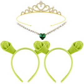 Yezmo 4PCS Green Ogre Ears Headband Set, Ogress Costume Accessories with Monster Headbands Crown and Necklace for Dress up (Green)