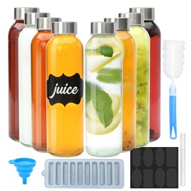 Brajttt Glass Juice Bottle with Lids,16oz Juicing Bottles Reusable, Clear Glass Water Bottles 16 oz with Stainless Steel Airtight Cap,Juice Beverage Container, Leak Proof，Set of 8