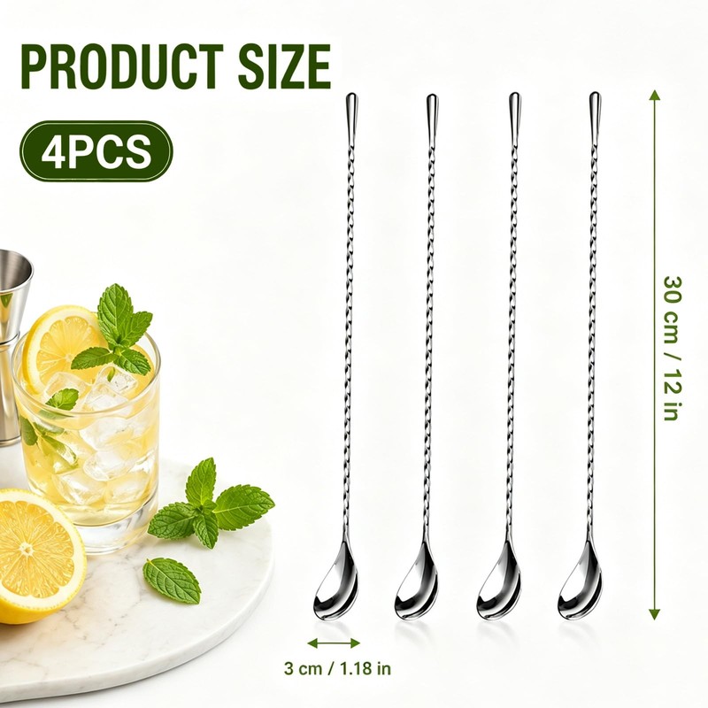 4 Pcs Cocktail Stirrers, Bar Spoon, Cocktail Spoon Long Mixing