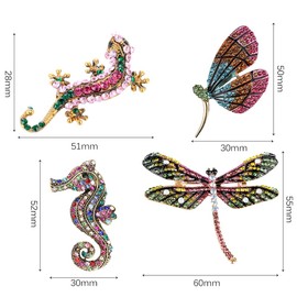 4 Pieces Fashion Colorful Enamel Brooch Pins Animals Brooch Pins Crystal Rhinestone Butterfly Seahorse Dragonfly Lizard Brooch Pins for for Women Ladies Jewelry
