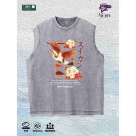 Crane Peony Kanji Washed Vest US Warehouse 3 Colors Cotton TankSize: L, Color: Gray