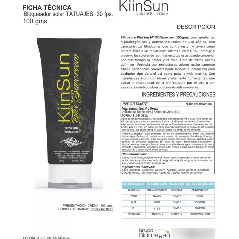 Kiinsun Bloqueador Solar Para Tatoo 100 Gr. Natural, Kiinsun