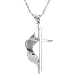 US Jewels Ladies 925 Sterling Silver Polished 30mm Methodist Cross Pendant 1.4mm Rope Chain Necklace, 24"