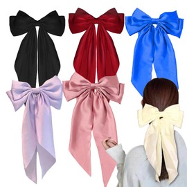 BUPOGAKE Hair Bow – 6 Pcs Bow Barrettes Hair Clip Set, Versatile Adult Hair Silky Satin Accessories with Long Silky Bows Hair Clips, (6 Colors)