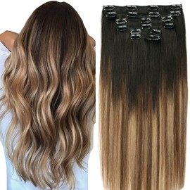 VINBAO Clip-In Real Hair Extensions, Balayage Hair Extensions, Remy Real Hair Extensions Clip in Black to Brown with Caramel Blonde, Double Wefts, 6 Pieces, 35 cm, 100 g (#1B/4/27.35 cm)
