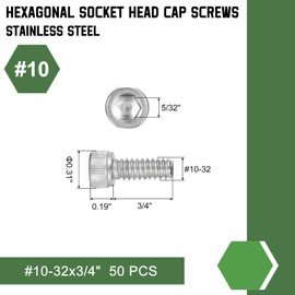 uxcell Hex Socket Bolts (#10-32x3/4), 304 Stainless Steel Hex Socket Drive Screw, Silver Tone, 50 Pcs