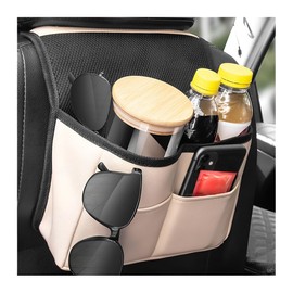 TSUGAMI Car Seat Back Organizer, PU Leather Multipurpose Vehicle Backseat Headrest Hanging Storage Bag with Pocket, Auto Interior Organization Accessories, Universal for SUV Sedan Truck (Beige)