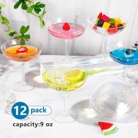 LemonRoad 12 Pcs Detachable Martini Glasses 9oz Plastic Coupe Cocktail Dessert Glassware Set for Champagne Wine Wedding Holiday Party Supplies (Clear)
