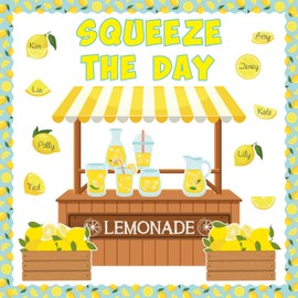 B1ykin Lemon Zest Classroom Bulletin Board - 120Pcs Back to School Summer Lemonade Stand Name Tag Cutouts, Squeeze the Day Yellow Lemons Chalkboard Decor Supplies for Elementary Kindergarten Preschool
