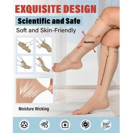 KEKING® Calcetines de compresión con cremallera para hombres y mujeres, puntera abierta, 20-30 mmHg, soporte firme hasta la rodilla, medias de compresión con cremallera alta para pantorrilla ancha, venas varicosas, TVP, espinillas, edema, lactancia, colo