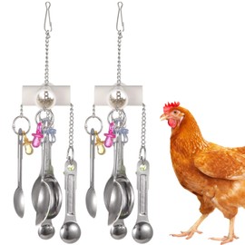 Anjetan 2 Pcs Chicken Enrichment Toys, Hanging Bird Toys with Metal Spoons, Colorful Chewing Foraging Toys, Poultry Coop Accessories for Chickens, Hens, Ducks, Parrots