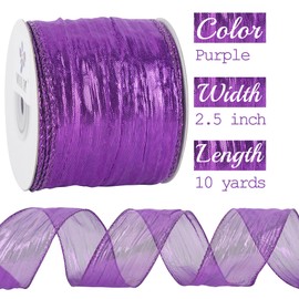 MEEDEE Purple Metallic Wired Ribbon 2.5 Inch Metallic Purple Trim Crinkle Wired Ribbon Purple Ribbon for Gift Wrapping, Christmas Tree, Wreath Supplies, Large Bow Making (10 Yards)