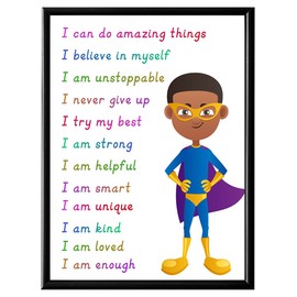 Superhero Motivational Wall Art - Colorful Inspirational Wall Decor - Positive Quotes for African American Boys Room - Self affirmation Gift for Toddler Kid Children Son - You Are Enough Brave Print