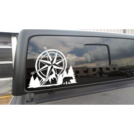 Minglewood Trading Compass Bear Mountain Forest Scene V2 - Camping RV Graphics Scenery - Die Cut Sticker