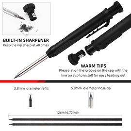 cobee Mechanical Carpenter Pencils with 6 Refills, Solid Carpenter Pencils with Built-in Sharpener Woodworking Deep Hole Making Automatic Pencils Long Nosed for Drawing Scribing Construction(Black)