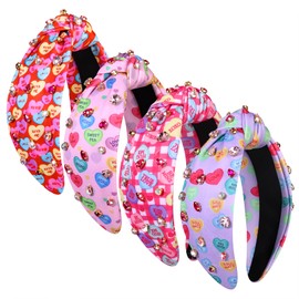NLCAC 4Pack Valentines Headbands for Women Conversation Candy Heart Headband Crystal Embellished Top Knot Hedband Valentines Hair Accessories Gifts for Her Heart Print Crystal