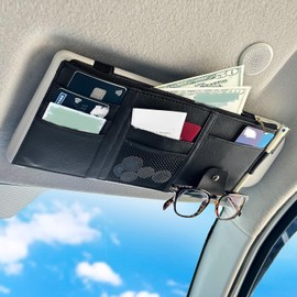 Car Sun Visor Organizer, Auto Interior Accessories Pocket Organizer Card Small Document Storage Pouch Holder, PU Leather, Multi-Pocket with Zipper Net (Black, One size)