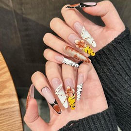 Handmade Press on Nails Long Stiletto Fake Nails French Tip Leopard False Nail with 3D Flower Brown Fall Artificial Nail for Women 10pcs (Size M）