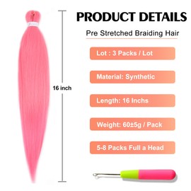 ADIASAI Braiding Hair Pre Stretched 16 Inch 3 Packs, Pink Pre stretched Braiding Hair for Professional Braiding Hair Extensions, Hot Water Setting Yaki Texture Synthetic Hair