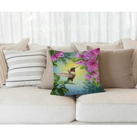 Solekla Bird Hummingbird with Pink Flowers Burlap Throw Pillow Case Cushion Cover Couch Sofa Decorative Square 18x18 inches
