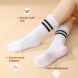 Guiqulai 5 Pairs Pilates Socks Grip Socks for Women, White Crew Socks in Cotton Non Slip for Yoga, Ballet, Dance, Hospital