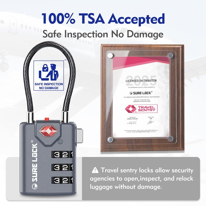SURE LOCK-Unisex Adult TSA Compatible Travel Luggage Locks, Inspection Indicator,