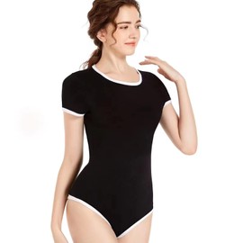 Landofgenie Women's Short Sleeve Bodysuit Onesie Pyjamas for Women One Piece Rompers Botton Crotch Top, black