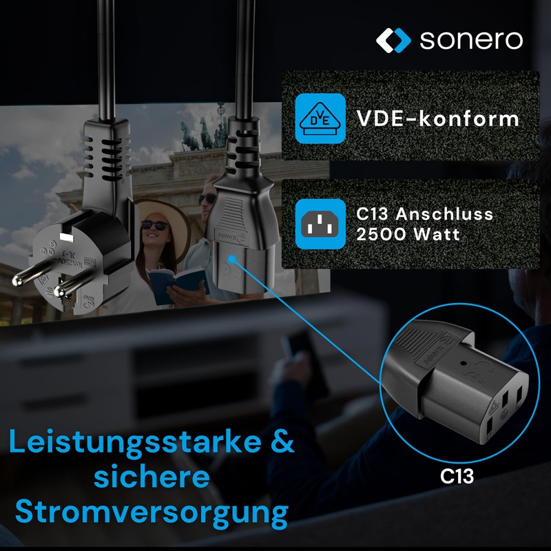sonero Stromkabel Kaltgerätekabel 3 Polig, 3,0m, 90° Winkel Schutzkontakt Schuko