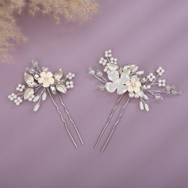 Teyglen Bridal Wedding Flower Hair Pins Crystal Pearl Hair Pins Clips Set Bridal Hair Accessories Gold Silver Leaf Hair Piece for Bride Women Girls (Silver)