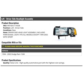 Left Driver Side Headlight Assembly - Compatible with 1994-2002 Dodge Ram 1500 (Excludes Sport)
