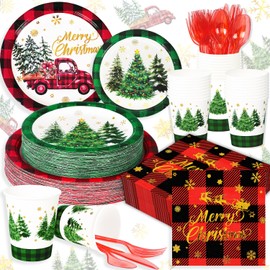 FULJOOY 400 Pcs Christmas Dinnerware Set Serve 50 Foil Buffalo Plaid Truck Tree Paper Plates Bronzing Process Tableware Disposable Party Plates Cups Napkins Set for Xmas Winter Holiday New Year Decor
