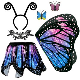 Pack of 5 Costume Children's Butterfly Girls Butterfly Wings - Double-Sided Print Butterfly Cape Wings Cape with Tutu Skirt Headband Face Mask for Carnival Fancy Dress Costume (Blue)
