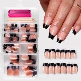 120 Pcs Black French Tip Press on Nails Medium Square Fake Nails Black French Nails Press ons Full Cover Glossy Acrylic Glue on Nails Nude Artificial False Nails with Adhesive Tabs for Women Manicure