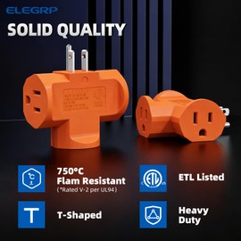 ELEGRP 3-Prong Heavy Duty Power Extender to Triple Outlet in T Direction, Multi-Directional Grounded Wall Tap Outlet Extender with 3 Prong Plug-in, 15-Amp, 125-Volt, ETL Listed, 1 Pack, Orange