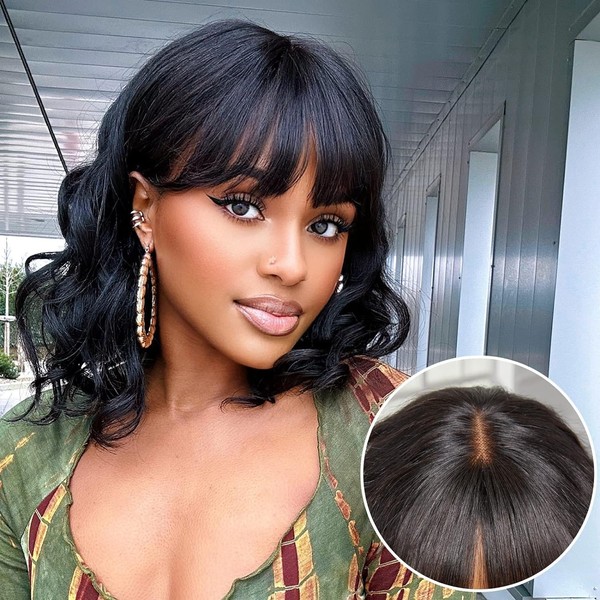 BLISSHAIR Short Bob Loose Wave Real Hair Wig with Fringe Curly Hair Lace Front Wig Brazilian Pure Human Hair Glueless Wigs for Women Short Wave Wig 12 Inches