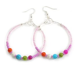 50mm Pink Glass and Multicoloured Ceramic Bead Large Hoop Earrings in Silver Tone - 75mm Drop