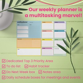 A4 Weekly Planner Pad – 52 sheet undated desk organiser by Noted – for work, fitness, student revision and meal planning – colourful 100gsm paper