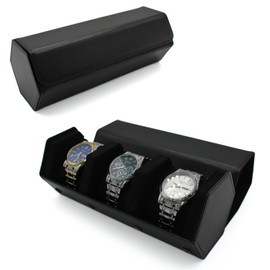 Watch Travel Hexagon Case Portable Organizer - Luxury Watch Hexagon Travel Box Recycled Leather Watch Storage and Display for Men and Women(3Slot-Black)