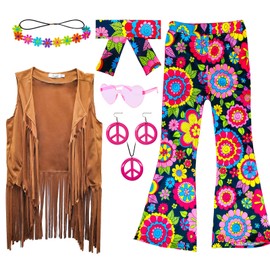 XonyiCos Carnival Costume Children's Girls 60s 70s Hippie Costume Disco Outfits Fringe Vest Boho Bell Bottoms Hippie Outfits Carnival Costume Children's Set (Flower, 13-14 Years)