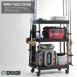 Savior Equipment Mobile Tackle Station 16 Fishing Rod Holder Cart w/Wheels, Adjustable Rack for Different Rod & Reel, 3-Level Fishing Gear Storage Pole Organizer for Garage Home Indoor Use, Black