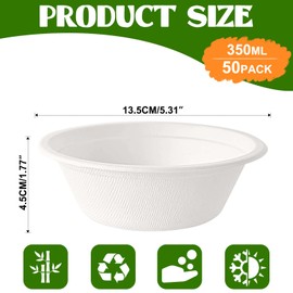 Rynvarl 50 Biodegradable Paper - Compostable Disposable Bowls for Parties, Buffet, Picnic - Eco Friendly Bowls Heat & Fat Resistant - BPA Free - 350ml White