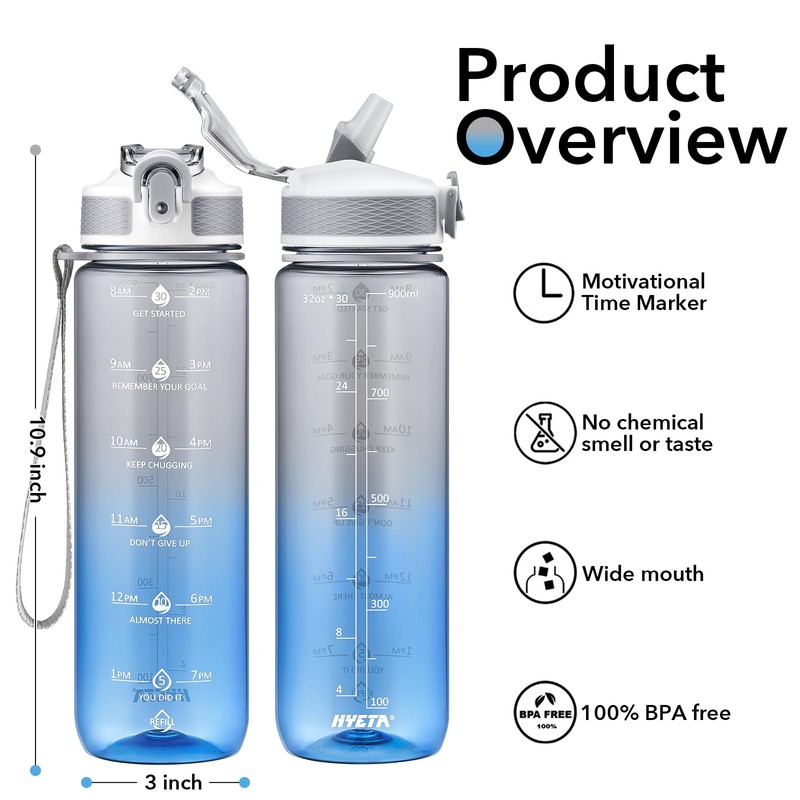 Hyeta 32oz Water Bottles with Straw - Stay Motivated and