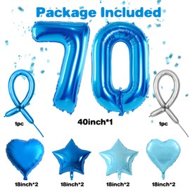 Blue Number 70 Balloons, Dark Blue Number 70 Balloons, 70 Number Balloons Set, Bule Foil Star Heart Balloons With Long Balloons For Boys man 70th Birthday Party 7th Kids Baby Shower Decorations