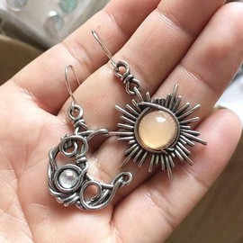 4 Pcs Antiqued Silver Necklace Moonstone Earrings Vintage Style Silver Sun and Moon Hook Silver Earrings Drop Earrings for Women Gifts