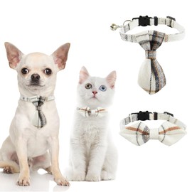 TTPSRY Pack of 2 Cat Collars with Bells Removable Adjustable Bow Tie Bandana Checked Collar for Cats and Kittens (White)