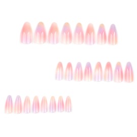 ANDGING Pink Press on Nails Almond Short Medium Ombre Purple Glue on Nails with Glossy Designs Full Cover Acrylic Fake Nails for Women Wedding Manicure False Stick on Nails 24 Pcs
