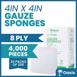 Oasis 4 x 4 inch Gauze Sponges, 100% Cotton, 8-Ply Woven Non-Sterile Gauze, 1 Case of 4000 (20 Packs of 200)